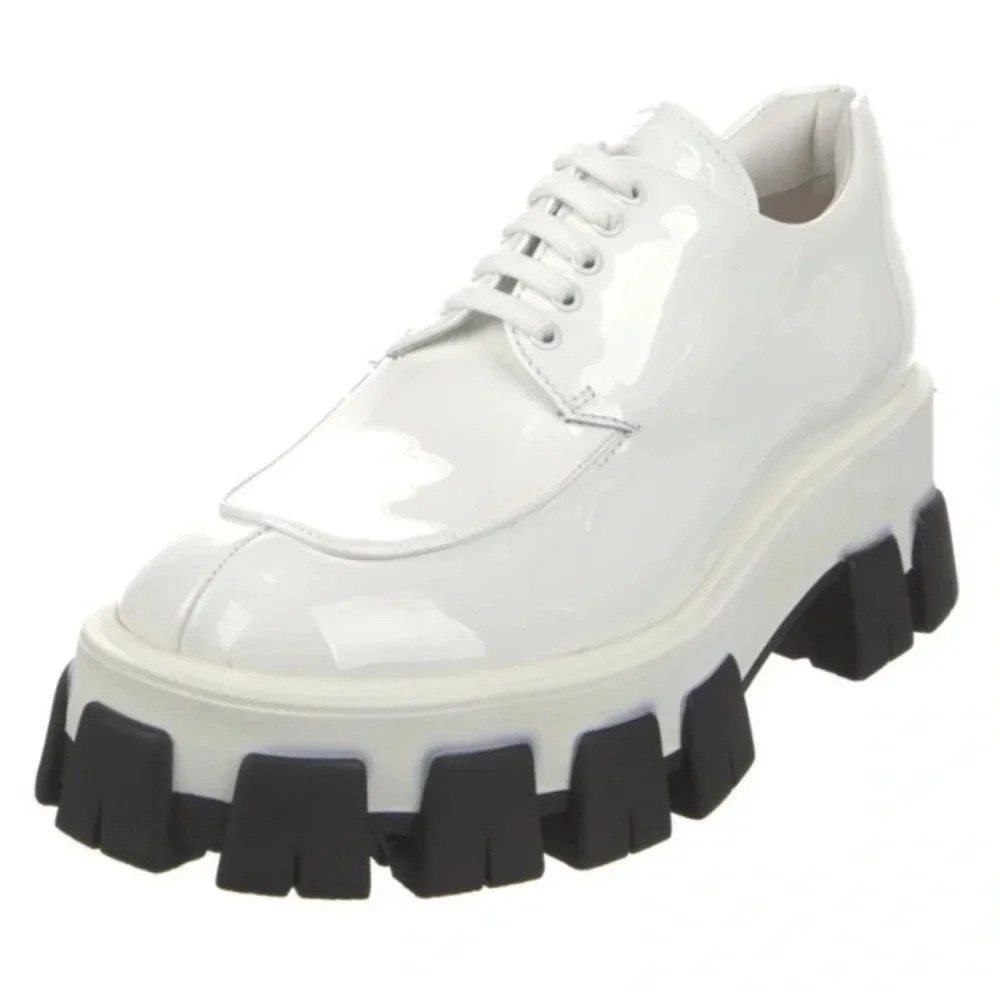 Authentic Prada White Patent Leather Monolith Laceup Loafer Womens Size 40 / 9.5